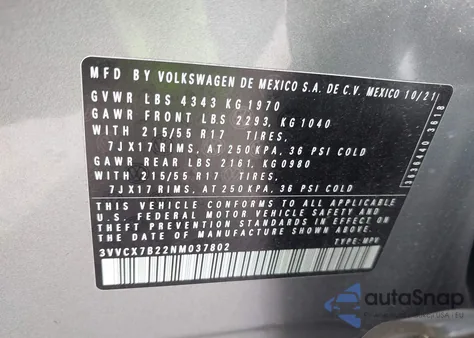 2022 Volkswagen Taos 1.5T S from USA, damaged, VIN 3VVCX7B22NM037802